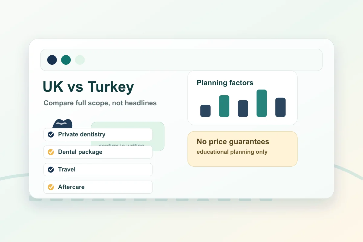 Illustration comparing UK and Turkey dental treatment cost factors.